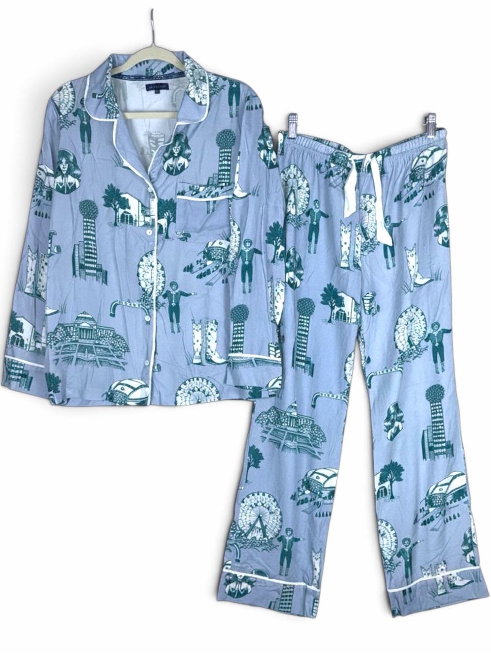 Katie Kime Dallas Toile 100% Cotton Long Pajama Pants Top Set Blue Green M